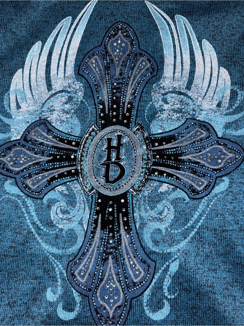 Harley-Davidson Teal Hoodie with Embellished Cross and Wings - Picture 3 of 4